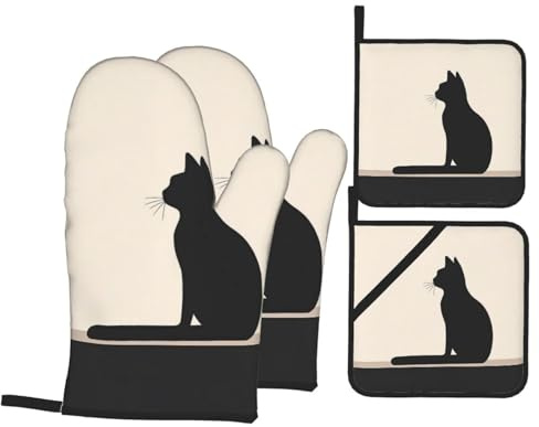 Küchen Backset Einfache Schwarze Katze 4 Stück Praktische Hängeaufbewahrung Ofenhandschuhe Dick Kochhandschuhe Für Küche Grillen Kochen