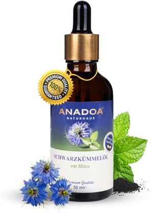 Anadoa Schwarzkümmelöl mit Minze 50 ml | kaltgepresst & naturrein | Nigella Sativa mit Pfefferminzöl, reich an Thymochinon & Vitamin E, aromatisch frisch & vegan