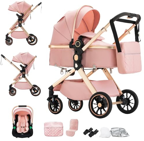 BEBBY Cochecito de bebé 3 en 1,Carrito Bebe 3 en 1 Con Asiento, Cochecitos Portátil Plegable Con, Carricoche Combinado Paisaje Alto Marco de Aluminio Para Recién Nacido (U9-X-PINK, U9-X)
