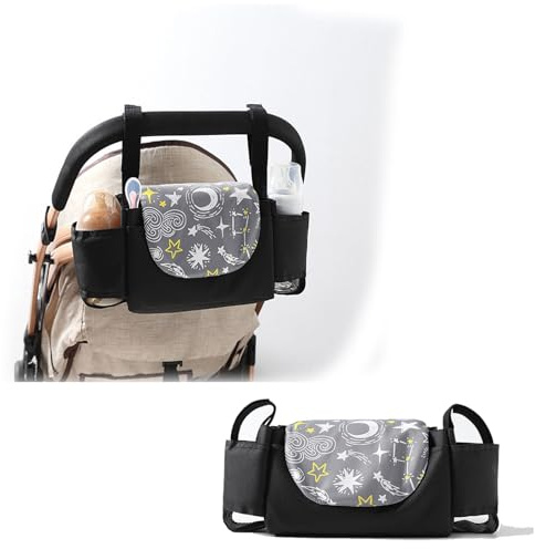 Heucadup borsa passeggino universale borsa passeggino piccola con 2 portabicchieri termici e vano portaoggetti, porta pannolini e cellulare, nero, 35 * 11 * 15 cm