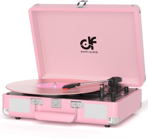 Vinyl Record Player 3-Speed Portable Suitcase Turntable with Built-in Speakers, Bluetooth Playbaack, Vinyl to MP3 Conveter, USB Recording, RCA, AUX & Headphone Output Pink
