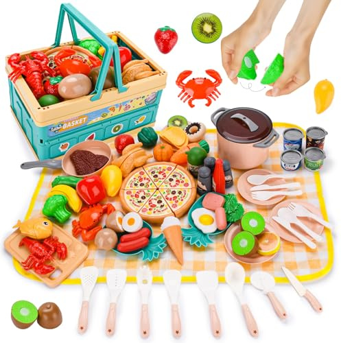 TOSUTO 72 Piezas Accesorios Cocina Juguetes,Cocina Exterior Niños Utensilios,Juego de rol Cocinita Infantil con Comida Juguete Cubiertos Cesta Picnic Niños,Juguetes Montessori 3 4 5 6 7 Años