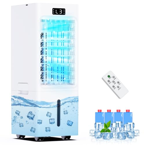 Climatiseur Mobile 4 en 1, Rafraîchisseur d'Air avec 3 Vitesses 4 Modes, Minuterie 1-12H, Réservoir 6L, 4 Pack Glacons, Télécommande Incluse, pour Chambre, Salon, Bureau et Maison