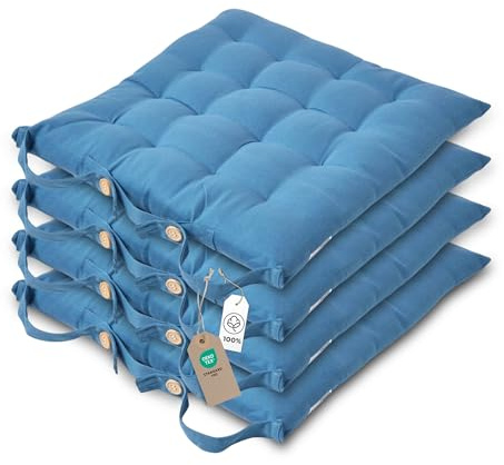 HOMESCAPES Air Force Blue Seat Pads for Dining Chair, Set of 4 100% Cotton Chair Pads with Straps, 40x40 cm