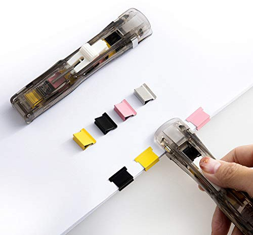 Tragbarer Fast Clam Clip Spender & 50 Edelstahl-Metallklammern, Heimmart, Kunststoff, mehrfarbig, Nachfüllklammern, Handheld, Studentententklammer, für Schule, Büro, Heftgerät transparent, schwarz
