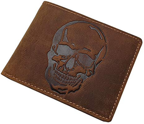 myledershop Büffel-Vollleder Geldbörse mit RFID & NFC Schutz (Braun) | Totenkopf-Motiv, Geldbeutel, Portemonnaie, Geldtasche
