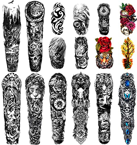 Extra stora vattentäta tillfälliga tatueringar 8 ark falska tatueringar med full arm och 8 ark halvarmade tatueringar för män och kvinnor (58x18cm)