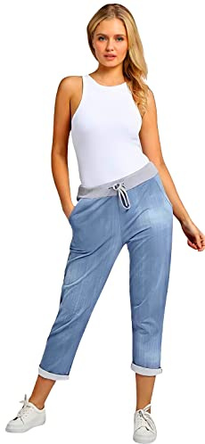 Fashion Trends Women’s Ladies Denim Jogger Floral, Star Printed Sweatpants Ribbed Waistband Trousers Ladies Causal Summer Jogger Drawstring Italian Gym Running Pants (Light Denim, 10-14)