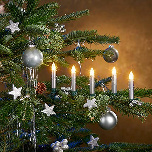 Bonetti Christbaumkerzen mit Fernbedienung | Komplett-Set | flammenlose LED Kerzen, perfekte Alternative zur Lichterkette (12er Set, silber mit Steinchen)