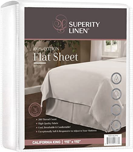 Superity Linen California King Size Flat Sheet for Bed - 100% Cotton - Durable and Comfortable with 200 Thread Count - Soft, Breatheable, and Cozy - (115 X 110)
