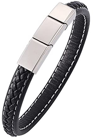Skcess Magnetarmband Herren Silber，Herren Armband Leder Einfaches Lederarmband Rostfreier Stahl Herrenarmband 20.5cm