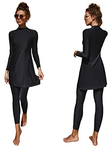 Femmes Maillots de Bain Musulmans Islamique Modest Couverture Complète Burkini Manches Longues Haut Pantalon Natation été Tenue Plage Maillots Rashguards 2 Pièce Noir-Solide S