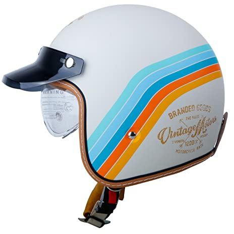 3/4 Vintage Jethelm Motorradhelm, Roller Scooter Helm Moped Mofa-Helm Chopper Retro Vintage Pilot Biker Helmet ECE Zulassung Mit Visier Offenem Gesicht Helm H,XL