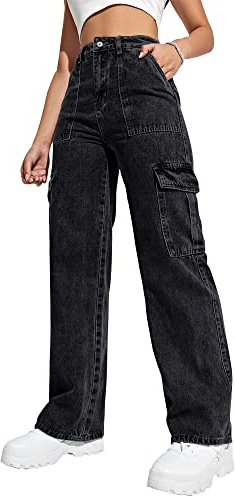 Pantaloni Cargo da Donna a Vita Alta Larghi Cargo Jeans a Gamba Dritta Y2K Streetwear Pantaloni 6 Tasche per Donne Adolescenti Ragazze., Nero, M