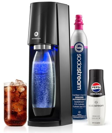 SodaStream - E-TERRA Soda Maker | STARTER KIT | 3 Automatic Carbonation Levels | Includes 1x CO2 Cylinder, 1x 32 Fl Oz Dishwasher Safe Bottle, 1x Pepsi Zero Sugar Mix, 1x Power Adapter | Black