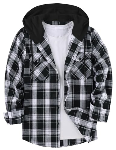 ZITY Men's Flannel Hoodie Shirts Casual Button Down Plaid Shirt Jackets for Men Long Sleeve Stylish Hooded with Pocket Black White X-Large