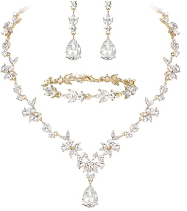 Clearine Juego de joyas de boda para mujer, collar en Y, pulsera de tenis, juego de pendientes y gota de cristal en forma de lágrima, marquesa, para novia, dama de honor, azul y tono plateado,