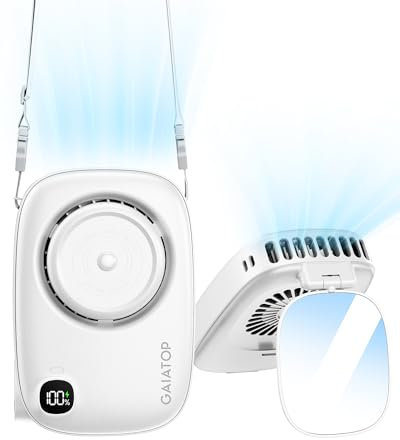 gaiatop Mini Neck Fan, Rechargeable LED Power Display 3 Speed 360°Rotate Lash Makeup Mirror Cute Camera Design, Small Portable USB Handheld Desk Fans Personal Cooling Travel Essentials White