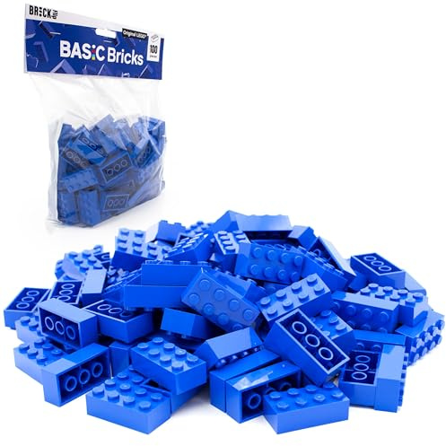 Lego Stenar, blå, 2 x 4 Classic, 100 stycken – enskilda byggstenar i storpack, för Lego, blå platta och låda, nybörjare | Basic klossar (3001)