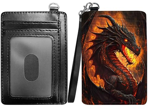 RWUTYTIUL Flame Dragon Slim Minimalist Wallet with Lanyard Strap, PU Leather Front Pocket Wallet RFID Blocking Credit Card Holder Card Cases with ID Window for Man Woman Boy Girl