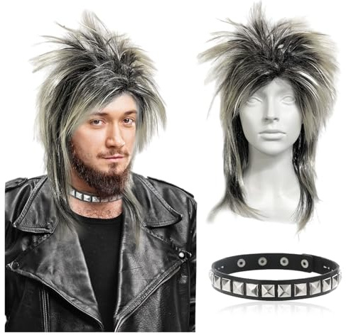 UILYNIU Perücke Männer 70er 80er Rockstar Vokuhila Mit Choker, 80er Rocker Punk Popstar Rockstar Disco Hippie Perücke für Erwachsene Party Halloween Karneval Kostümzubhör (Blond)