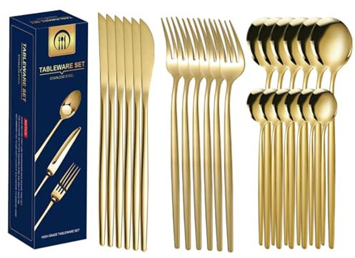HQILRRA Couverts de table pour 6 personnes, 24 pièces couverts or mat, couverts inox, set couverts de table avec couteau, fourchette, cuillère, Polissage de surface, va au lave-vaisselle