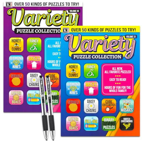 Variety Puzzle Books for Kids, Adults - Bundle with 50+ Assorted Brain Stimulating Puzzles for Adults Including Mazes, Word Finds, More Plus Pens | Jumbo Puzzle Books for Seniors