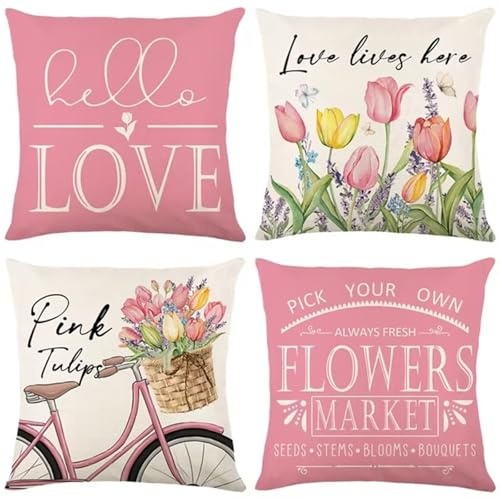 Kissenbezug 35x35 cm 4er Set Kissenhülle Leinen Sofakissen Waschbar Textil Outdoor Kissenhülle Mit Reißverschluss Kissenhülle Groß Für Sofa Wohnzimmer Kinderzimmer Garten Balkon Büro Hotel Blume S7942