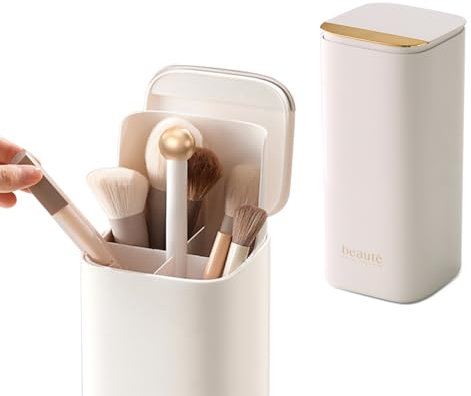 STORICANS Makeup Brush Holder with Lid,4 Slots Automatic Lifting Dustproof Make up Brush Organiser Makeup Brushes Case Make up Cosmetics Organizer Storage for Dressing Table,Vanity,Gold-White