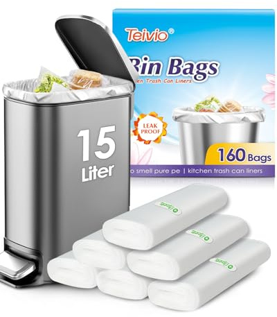 Teivio Bolsas de basura pequeñas de 15 litros, 160 unidades, bolsas de basura de baño, pequeñas bolsas de basura de plástico para oficina en casa, cocina, se adapta a 12-15 litros, 3, 3.5, 4.5 galones