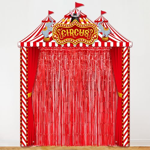 Tingjoo 6 Pcs Carnival Circus Party Decorations Set Red and White Circus Tent Door Cover Banner with Red Tinsel Fringe Curtain Backdrop Striped Awning Halloween Clown Theme Birthday Supplies