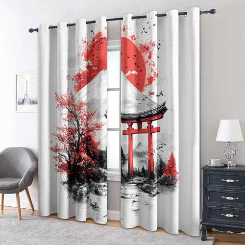 Generisch Japanisch Vorhänge mit Ösen, H 166 x B 75, 2er Set - Torii Vulkan Fuji Motiv Gardinen Wohnzimmer Schlafzimmer Deko, Fenster Vorhang Blickdicht Blackout Curtain （R139）