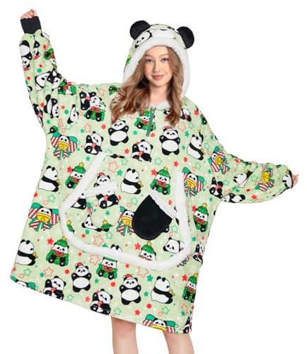OLAOLA Panda Decken-Hoodie Unisex, Oversized Sherpa Fleece Kuscheldecke | Süßes Panda-Muster aus Sherpa Fleece. Warme Oversized Kuscheldecke mit Ärmeln für Erwachsene, toll für den Winter.