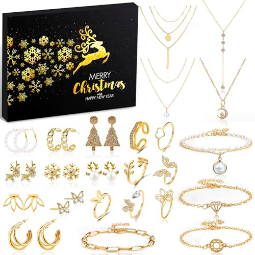 Adventskalender Schmuck 2025, Schmuckkalender Weinachtskalender Weihnachts-Countdown 24 Mode Weihnachts Geschenk wie Halskette Ringe Ohrringe Armband für Mädchen Frauen Damen