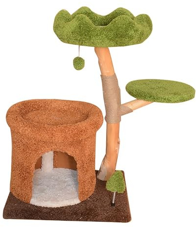 Rascador para Gatos, Arbol Rascador para Gatos, Madera de Frutal Natural, Juguetes con Muelles y Bolas Colgantes, Rascador Gato para Varios Gatos