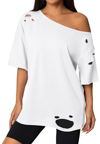 Remidoo Women Distressed Ripped Off the Shoulder Tops Summer Sexy Short Sleeve Oversized Tshirt, White, M
