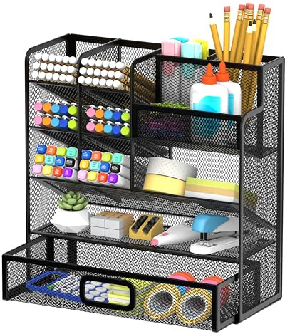 SUPEASY Mesh Pen Holder Desk Organiser, Multi-Function Pen Organiser with Drawer, Cute Desk Organisers and Accessories for Office Supplies(black)