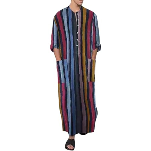 Mens Striped Kaftan Long Robe Casual Loose Fit Thobe with Pockets, Colourful Cotton Linen African Moroccan Style Summer Loungewear Holiday Beach Muslim Clothing