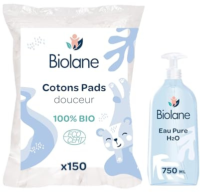 BIOLANE - Eau pure 750ml + Cotons Pads x150 - Duo pour la toilette quotidienne - Soins Bébé - Fabriqués en France