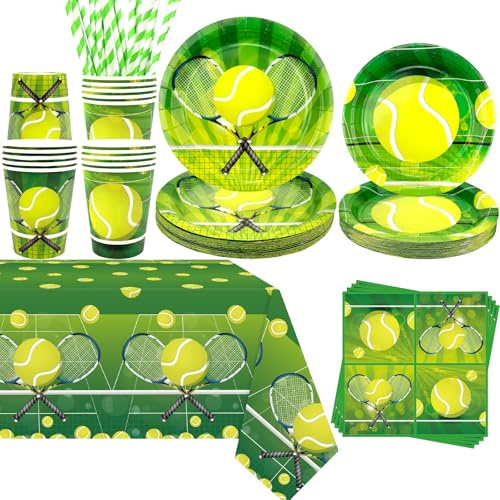 Obussgar Decorazione per feste di tennis – Articoli da tavola per feste di compleanno, compresi piatti, bicchieri, tovaglioli, tovaglie, cannucce – per 20 persone