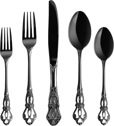 Besteck Set, 40-teilig Besteck Schwarz, Vintage Palast-Stil Besteckset 8 Personen aus Edelstahl, Schwarzes Besteck Spülmaschinenfest & Hochglanzpoliert Cutlery für alle Anlässe, Royal Geprägte Griff