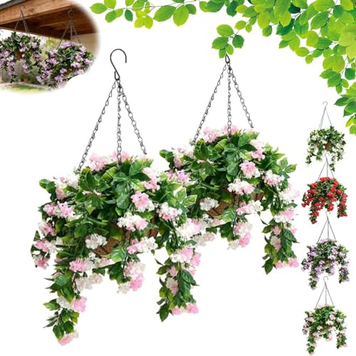 ZBELLO 15 Faux Crepe Myrtle Hanging Baskets, Realistic Artificial Hanging Plants, Artificial Fake Hangings Flowers with Basket, For Patio, Porch & Home Decor (PINK,2PCS)