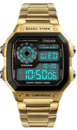 TONSHEN Herren Outdoor Fashion Sport Uhren 50M Wasserdicht Plastik Uhren und Edelstahl Band Militär LED Elektronik Digital Armbanduhr Doppelte Zeit