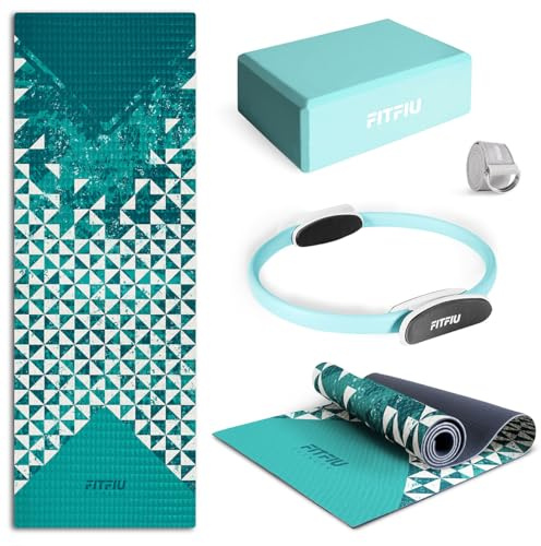 FITFIU Fitness KITWELL-600 Pack mit 6 Zubehör Yoga Pilates Farbe Blau mit Matte, Ball, Rad, Riemen und 2 Massagegeräten Enthält Wellness-Übungsanleitung