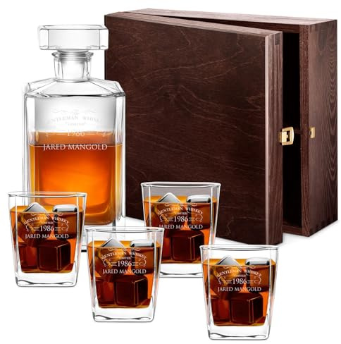 Maverton Whiskey Karaffe + 4 / 6er Whiskygläser Set mit Gravur - 700ml Whisky Dekanter - Geschenk zum Geburtstag für Männer - Gentleman Whiskey