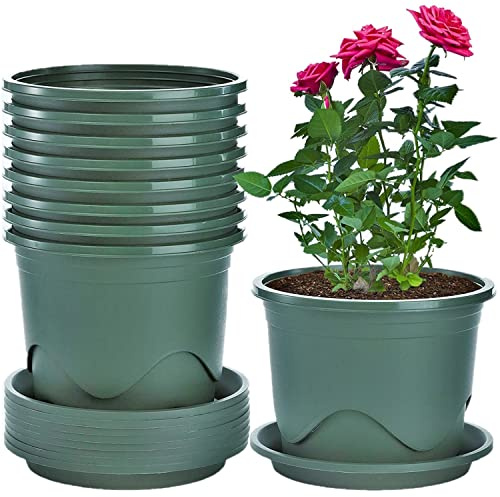 KAHEIGN 6Pcs Plastic Plant Pots, 19CM Thicken Flower Pot Root-Control Nursery Seedling Planter Decorative Garden Plant Container with Saucer for Indoor Outdoor Bonsai Plants (Green)