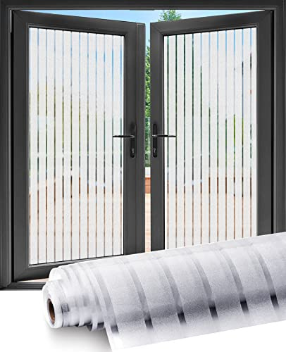 Privacy Window Film 44.5 x 200 cm, Frosted Window Film with White Stripe Pattern Self-adhesive No-Glue Static Cling to Protect Your Family, Anti-UV & Anti-glare for Office Home and Kitchen