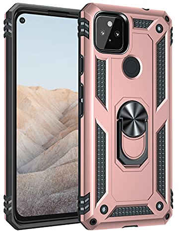 BestST Handyhülle für Google Pixel 5a + Displayschutz,Hybrid Schutzhülle Militär Standard Stoßfest Hülle 360 Grad Drehbar Ringhalter Handytasche Cover Case,Rosegold