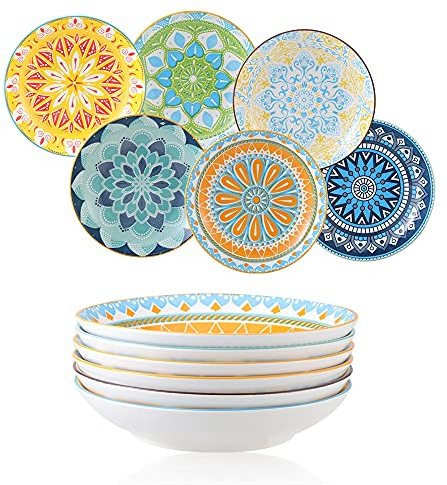 AHX Platos Hondos Juego de Platos de 6 Colores - Porcelana Platos Hondos para Sopa | Pasta | Risotto | Ensalada | Postre - 20×4 cm