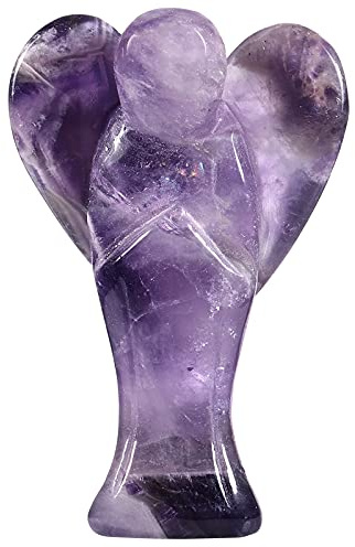 Nupuyai 7 cm Amethyst Engel Figur Edelstein Schutzengel Heilstein Deko | Große Edelstein Glücksengel Statue mit Herzflügeln, Handschmeichler Engel, Talisman taschenengel Geschenk für Frauen Taufe